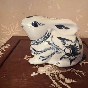 Blue & White Floral Ceramic Rabbit “ Piggy Bank”